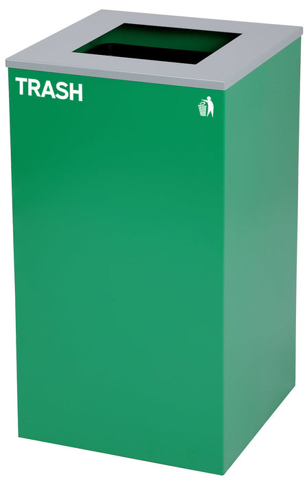 29-Gallon Square Recycling Waste Can. Green w/ Square Lid & Trash Sticker