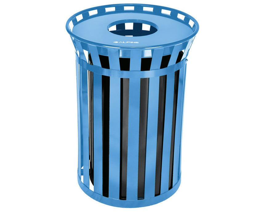 38-Gallon Outdoor Metal Waste Receptacle - Blue w/ Flat Lid