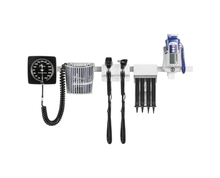 Diagnostic Wall Station. Halogen Ophthalmoscope, Halogen Otoscope, Specula Dispenser, Aneroid, Oral/Axillary Thermometer [Rail-Mount]