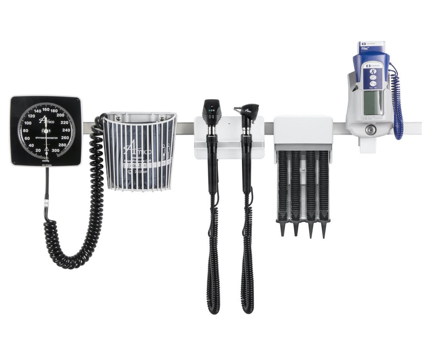 Rail-Mount Diagnostic Wall Station, Halogen Coaxial Ophthalmoscope, Halogen Otoscope, Specula Dispenser, Aneroid, Tissue Box Holder, Oral/Axillary Thermometer