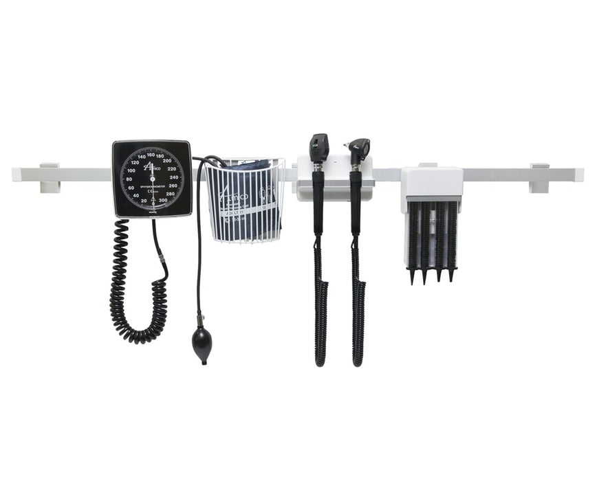 Rail-Mount Diagnostic Wall Station, Halogen Coaxial Ophthalmoscope, LED Otoscope, Specula Dispenser, Aneroid, Tissue Box Holder
