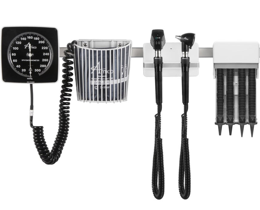 Rail-Mount Diagnostic Wall Station, Halogen Coaxial Ophthalmoscope, Halogen Otoscope, Specula Dispenser, Aneroid