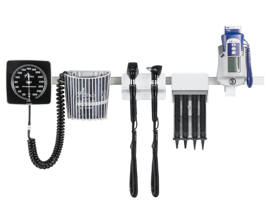 Rail-Mount Diagnostic Wall Station, Halogen Coaxial Ophthalmoscope, LED Otoscope, Specula Dispenser, Aneroid, Tissue Box Holder, Oral/Axillary Thermometer