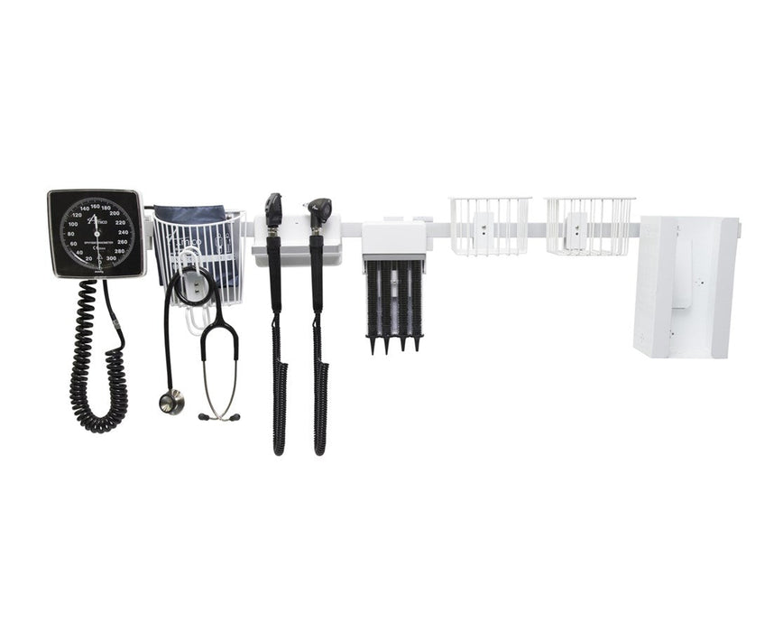 Rail-Mount Diagnostic Wall Station, Halogen Coaxial Ophthalmoscope, Halogen Otoscope, Specula Dispenser, Aneroid, Tissue Box Holder, Wire Basket Container