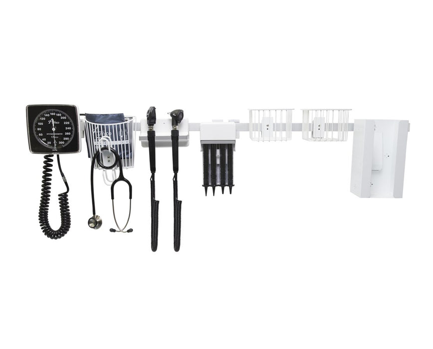 Rail-Mount Diagnostic Wall Station, Halogen Coaxial Ophthalmoscope, LED Otoscope, Specula Dispenser, Aneroid, Tissue Box Holder, Wire Basket Container