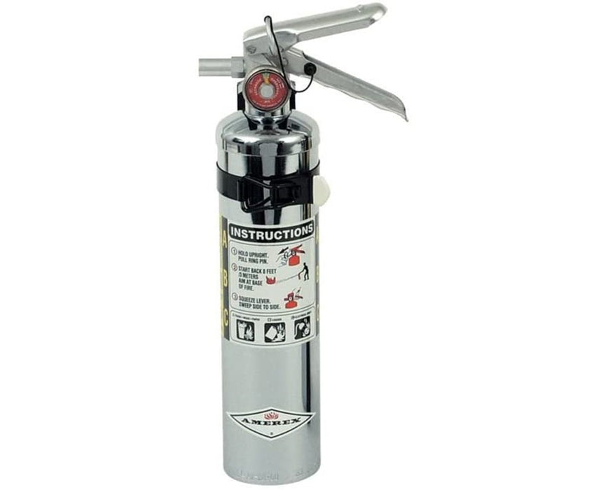2.5 lbs Multi-Purpose ABC Dry Chemical Fire Extinguisher, Aluminum Valve (1A:10B:C) 1-Strap Vehicle Bracket - Chrome