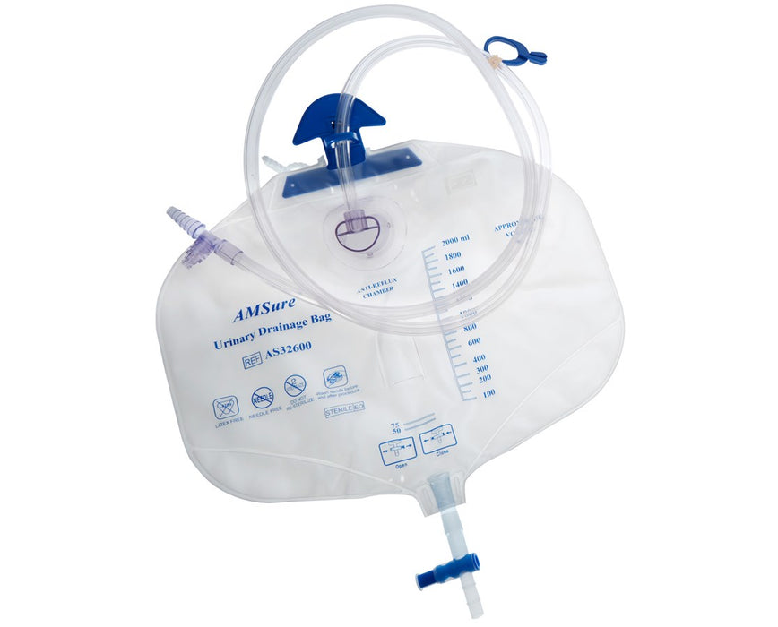 AMSure Urinary Drainage Bag - 20/Cs - Low-profile shape, Anti-Reflux Chamber, Luer Slip Sampling Port, T-tap Drain, Single Hook and Rope Hanger - Sterile