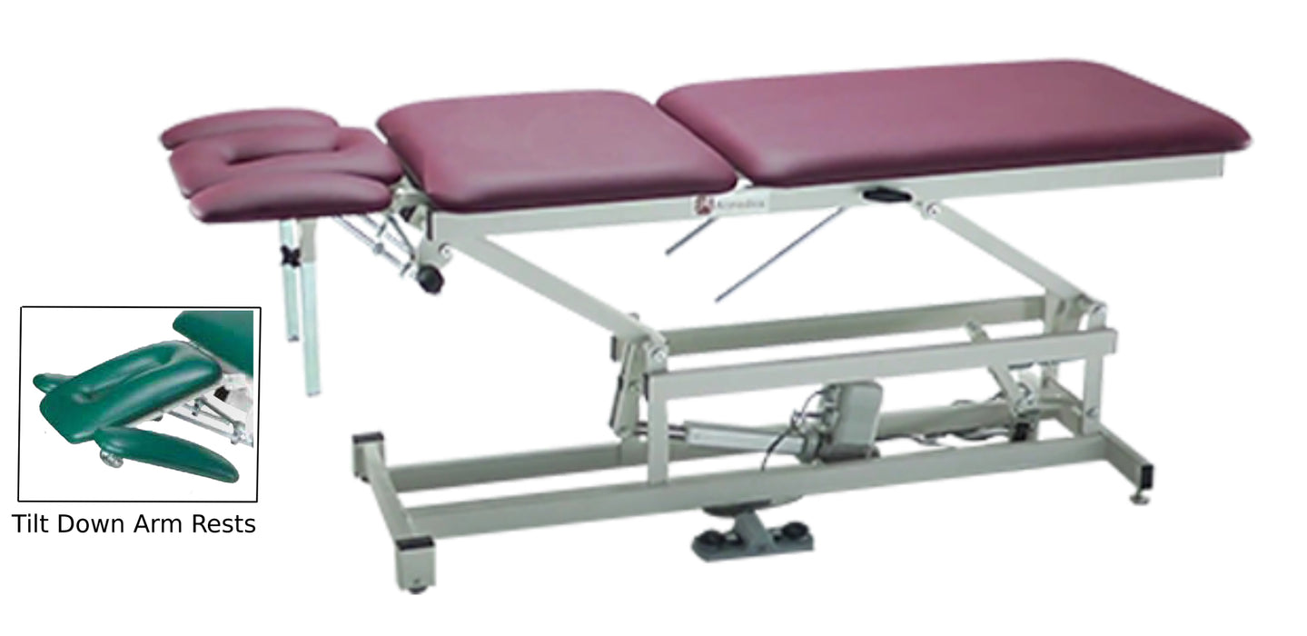 Power Hi-Lo Treatment Table w/ 5-Section Top. Adjustable Back / Headrest / Armrests & Casters. Foot Pedal Control & Tilt Down Armrests
