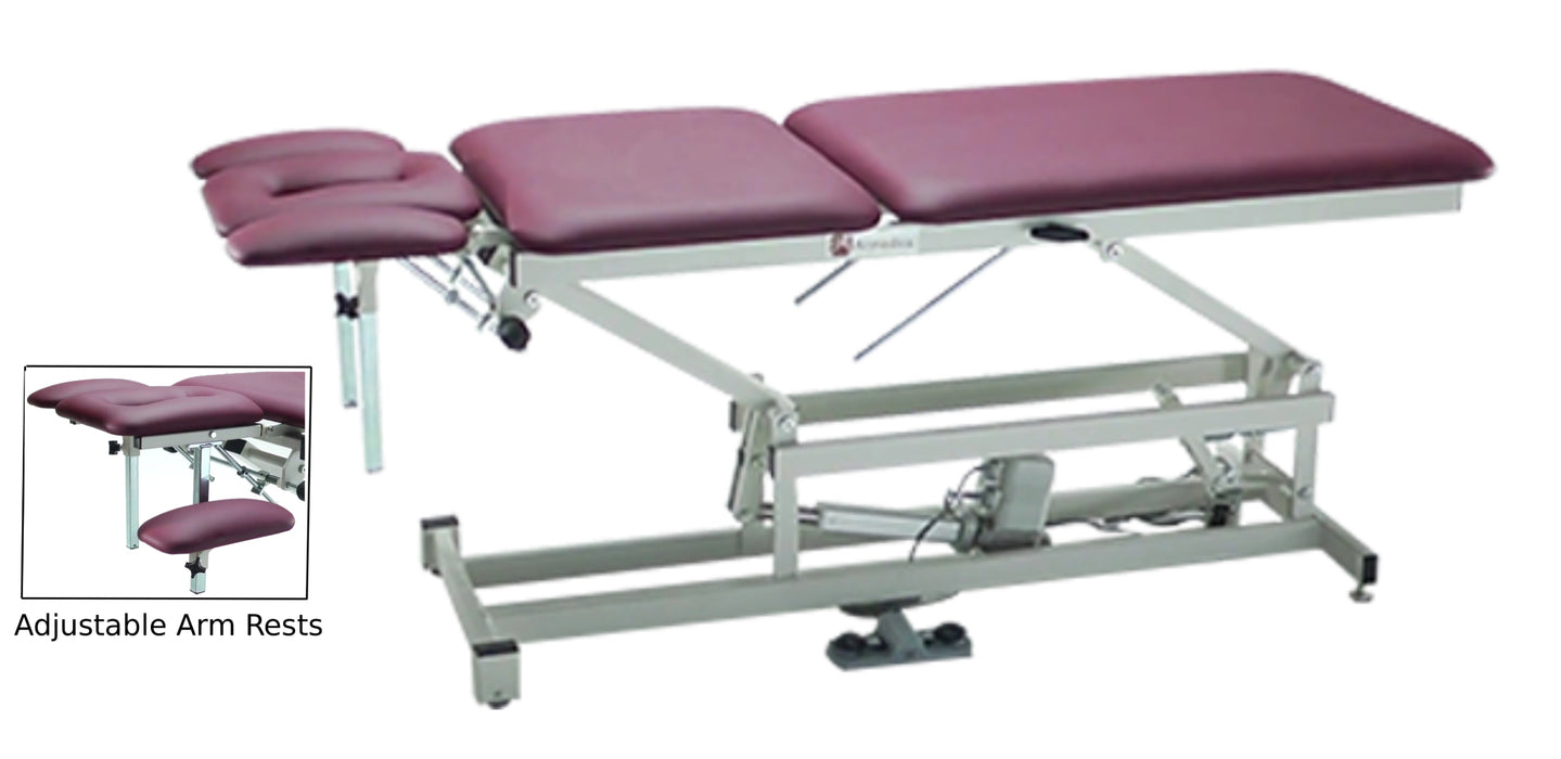 Power Hi-Lo Treatment Table w/ 5-Section Top. Adjustable Back / Headrest / Armrests & Casters. Foot Pedal Control & Adjustable Armrests