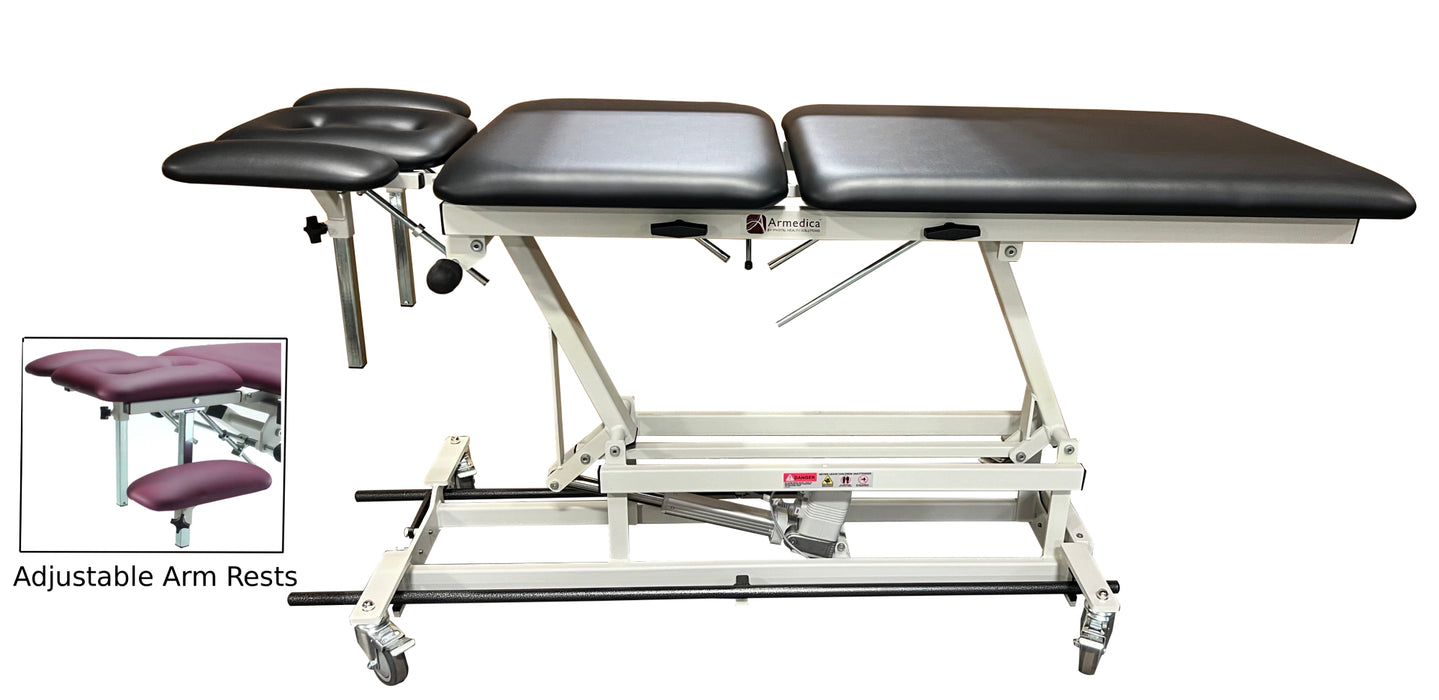Heavy Duty Power Hi-Lo Treatment Table w/ Elevating Midsection & 5-Section Top (Adjustable Back / Headrest / Armrests & Casters)