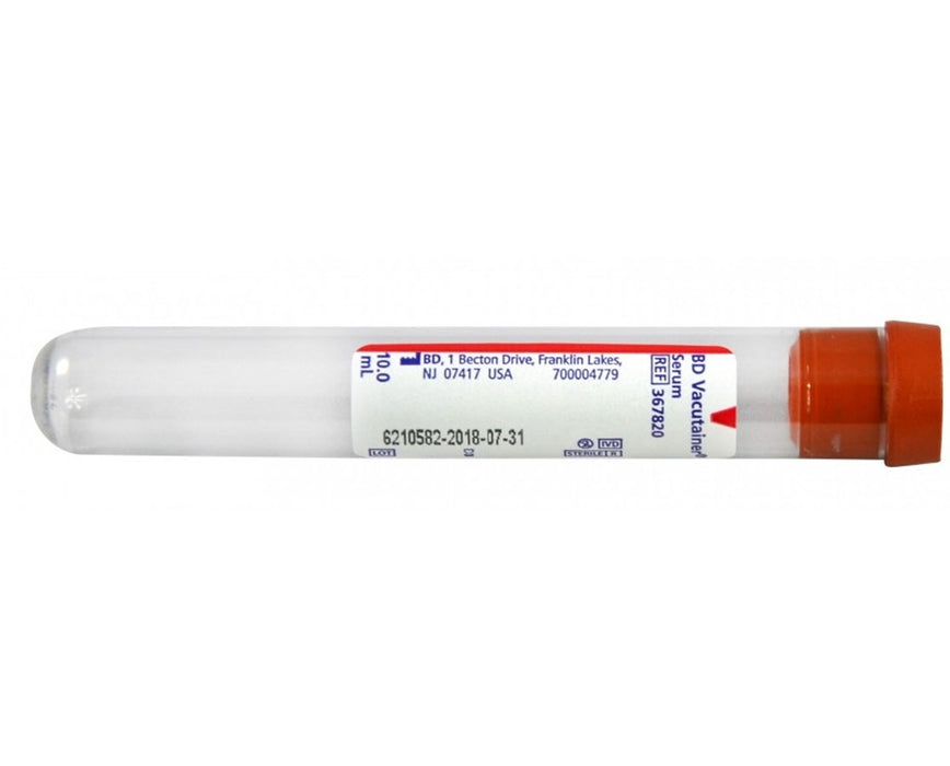 10.0mL Vacutainer Plus Plastic Serum Blood Collection Tubes, 16mm x 100mm, Conventional Stopper (100/Box)