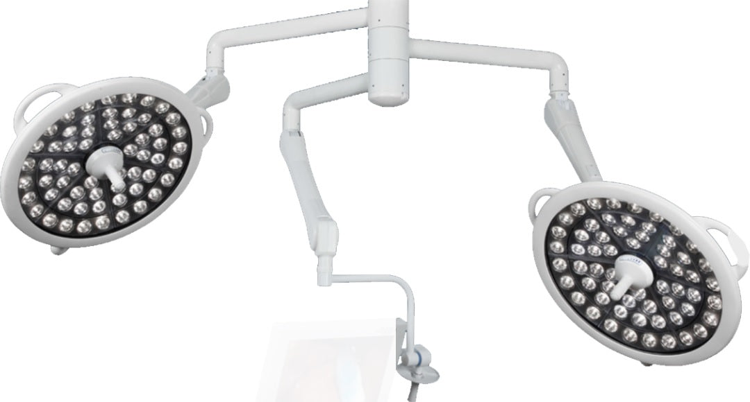Double Ceiling Mount System II LED Surgical Light - 120K Lux Light w/ Monitor Arm