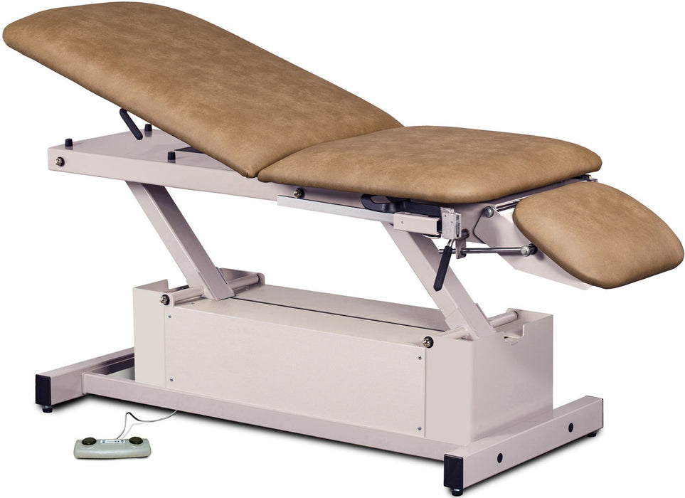Power Glide Hi-Lo Exam Table w/ Adjustable Backrest, Drop Section, Stirrups & Footrest. Shrouded Base