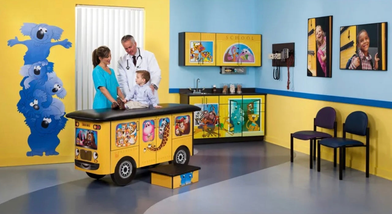 Pediatric Complete Exam Room. Zoo Bus Table & Cabinet