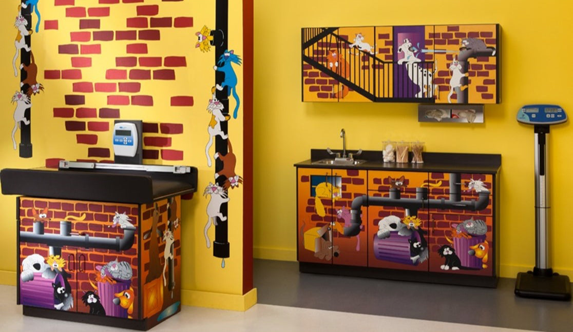 Pediatric Complete Exam Room. Alley Cats, Dogs Scale Table & Cabinet