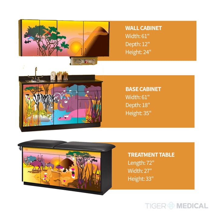 Pediatric Complete Exam Room. Serengeti Sunrise Treatment Table & Cabinet