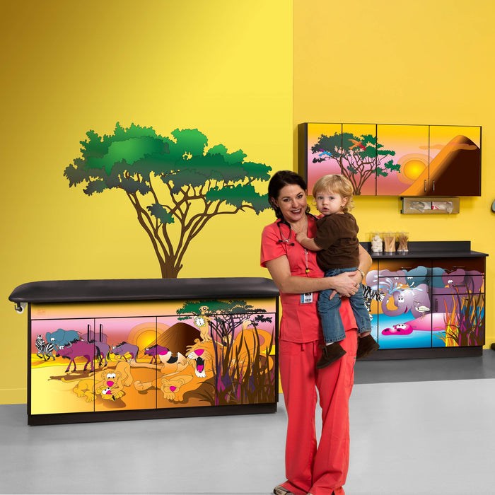 Pediatric Complete Exam Room. Serengeti Sunrise Treatment Table & Cabinet. Flat Top Table
