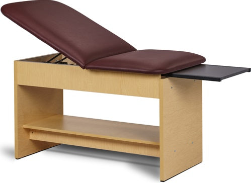 Space Saver Exam Table. Panel Leg w/ Shelf, Adjustable Back & Pull-Out Leg Rest