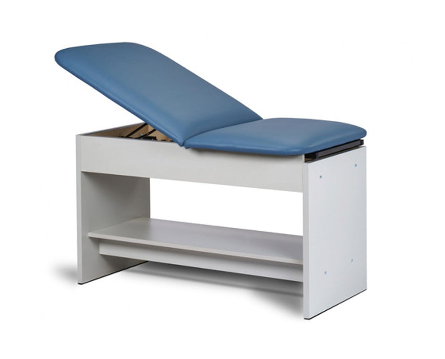 Space Saver Exam Table. Panel Leg w/ Shelf, Adjustable Back & Pull-Out Leg Rest