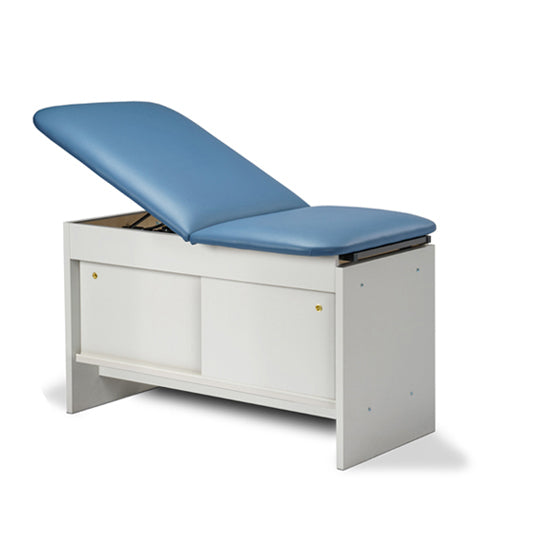 Cabinet Exam Table w/ Adjustable Back, Sliding Doors & Pull-out Leg Rest. Panel Leg Space Saver