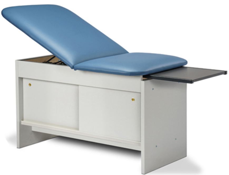 Cabinet Exam Table w/ Adjustable Back, Sliding Doors & Pull-out Leg Rest. 30"W. Panel Leg Space Saver