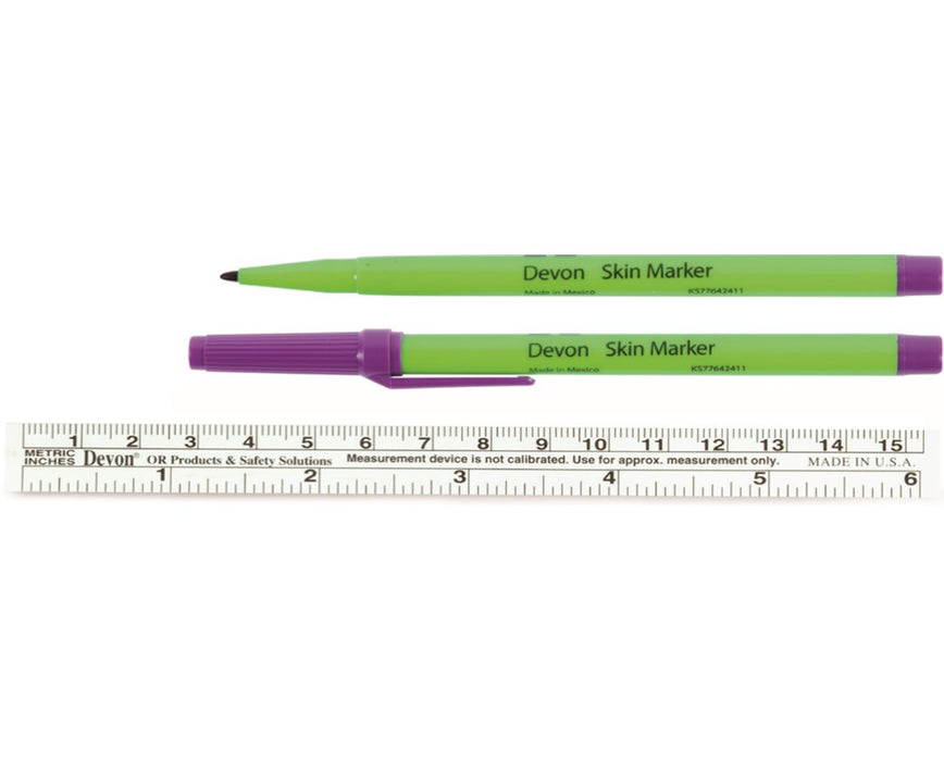 Devon Surgical Skin Marker 160-R, Regular Tip, Flexible Ruler - 25/Box