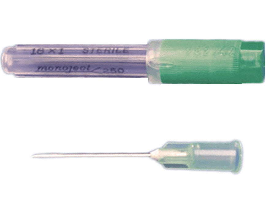Monoject Hypodermic Needles w/ Polypro Hub, Regular Bevel, 18G x 1" - 1000/Case