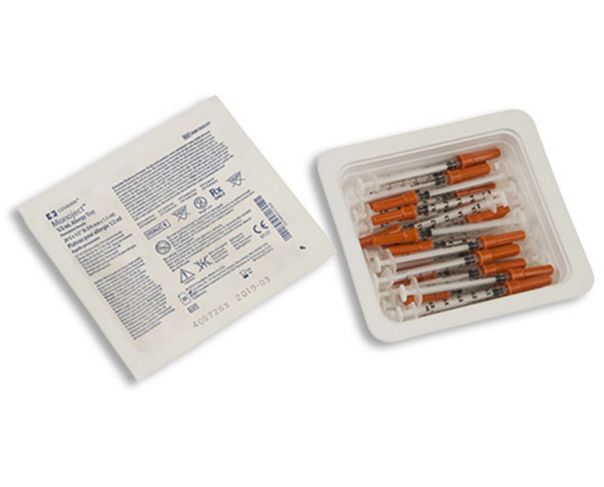 Monoject Allergy Trays with Permanently Attached/Detachable Needle 1/2mL TB Syringe, 28G x 1/2" Needle, 1000/Case