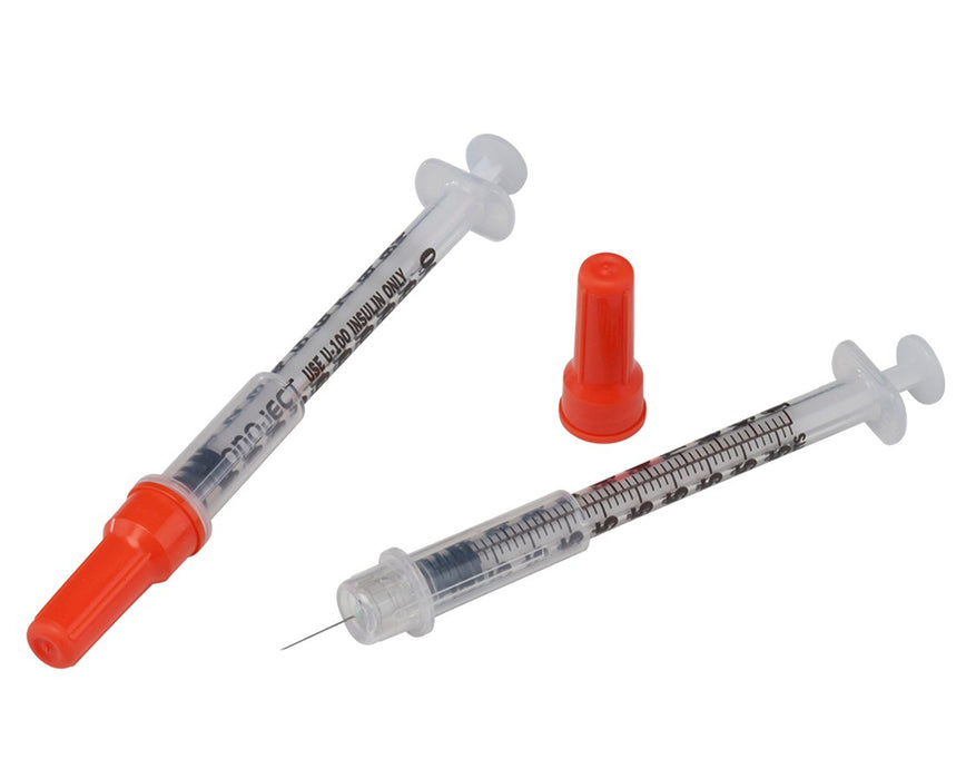 Monoject Insulin Safety Syringes w/ Permanently Attached Needle, 1/2mL, 29G x 1/2" - 500/Case