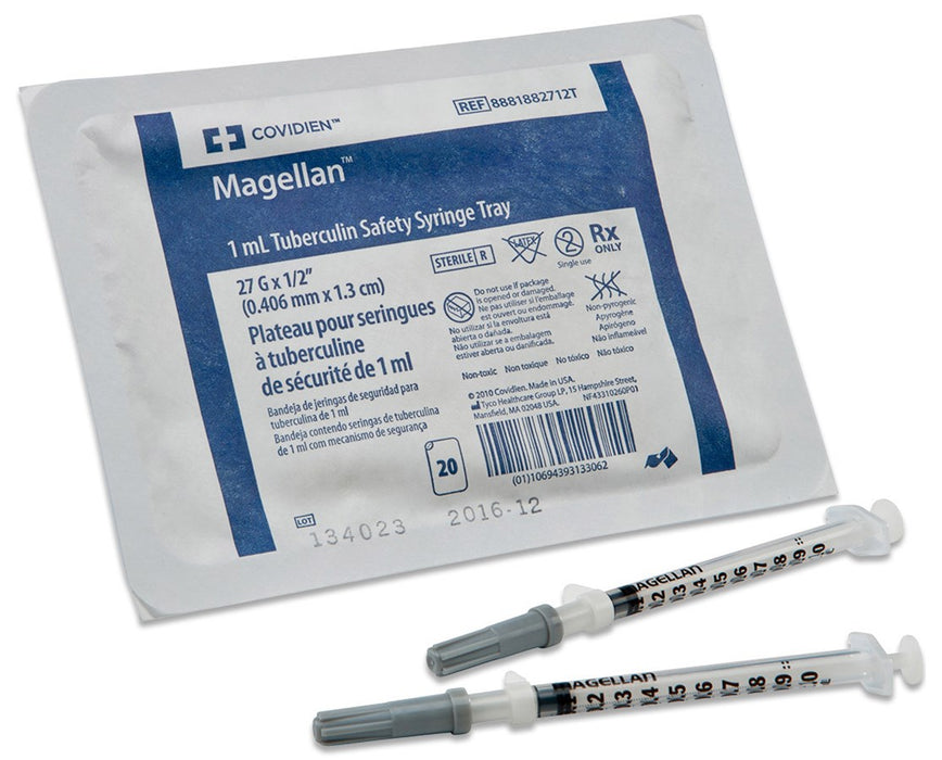 Magellan Tuberculin Safety Syringe with Needle 1mL, 27G x 1/2" Needle, 50/Box