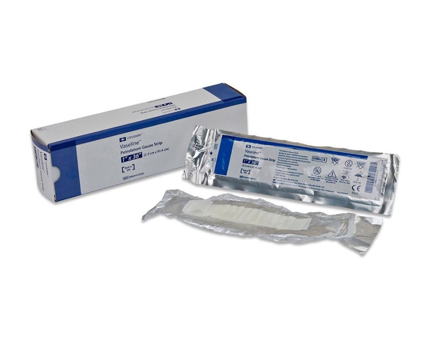 Vaseline Petrolatum GauzeStrip in Overwrap Peelable Foil Packs, 1" x 36" (72 Packs/Case)