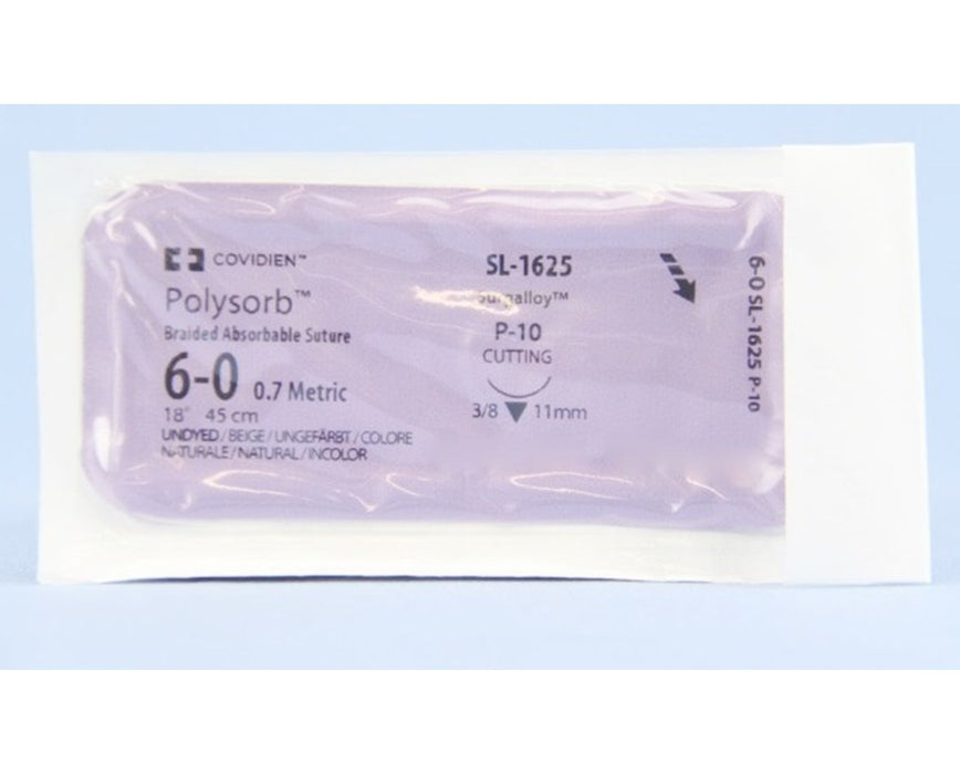Polysorb Absorbable Sutures 18" Needle, P-10, 3/8 Circle, Size 6-0, Premium Reverse Cutting, Undyed (12 Sutures/box)