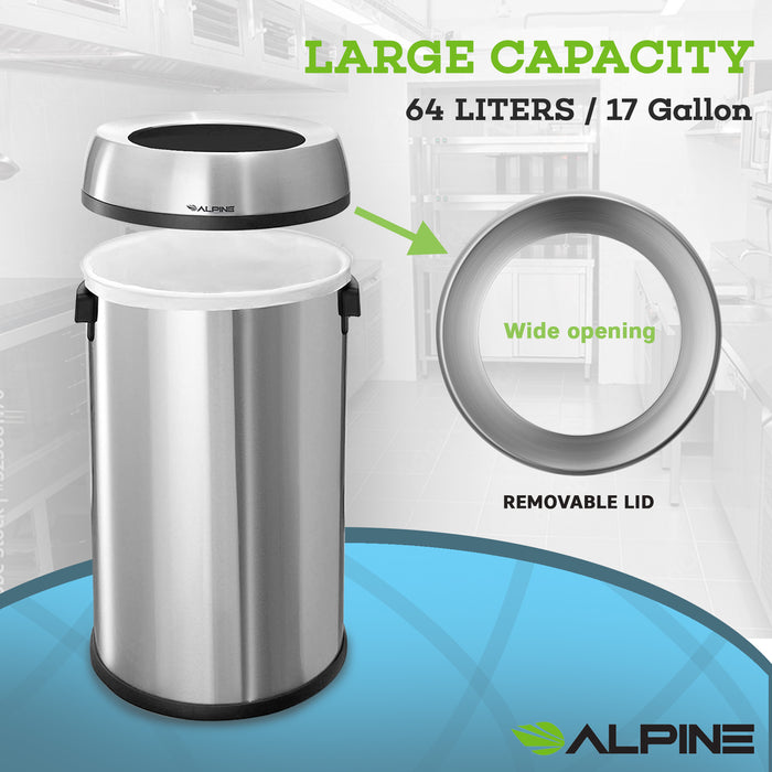 17-Gallon Stainless Steel Open-Top Indoor Trash Receptacle