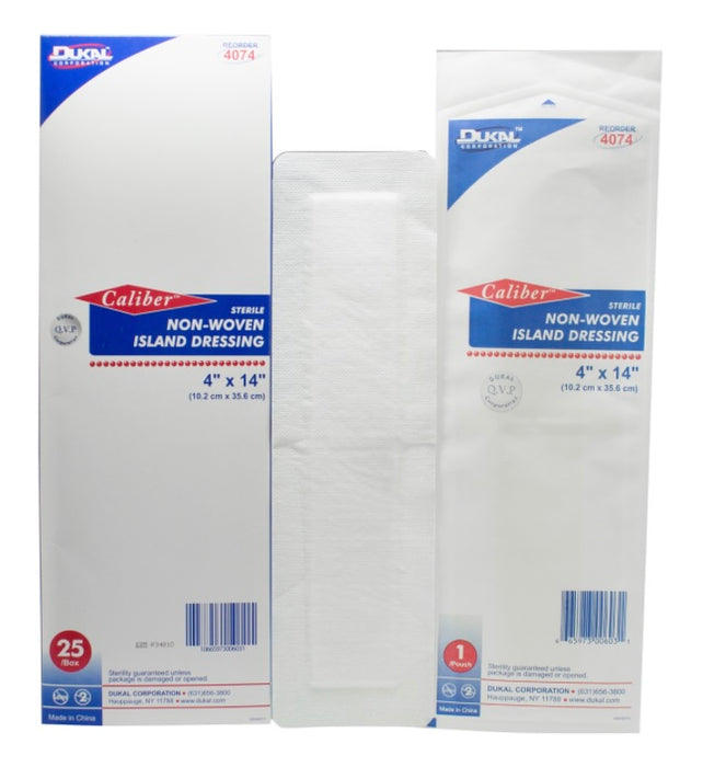 Caliber Non-Woven Island Dressings. 4" x 14". Sterile (25/bx, 2 bx/cs: Total 50/cs)