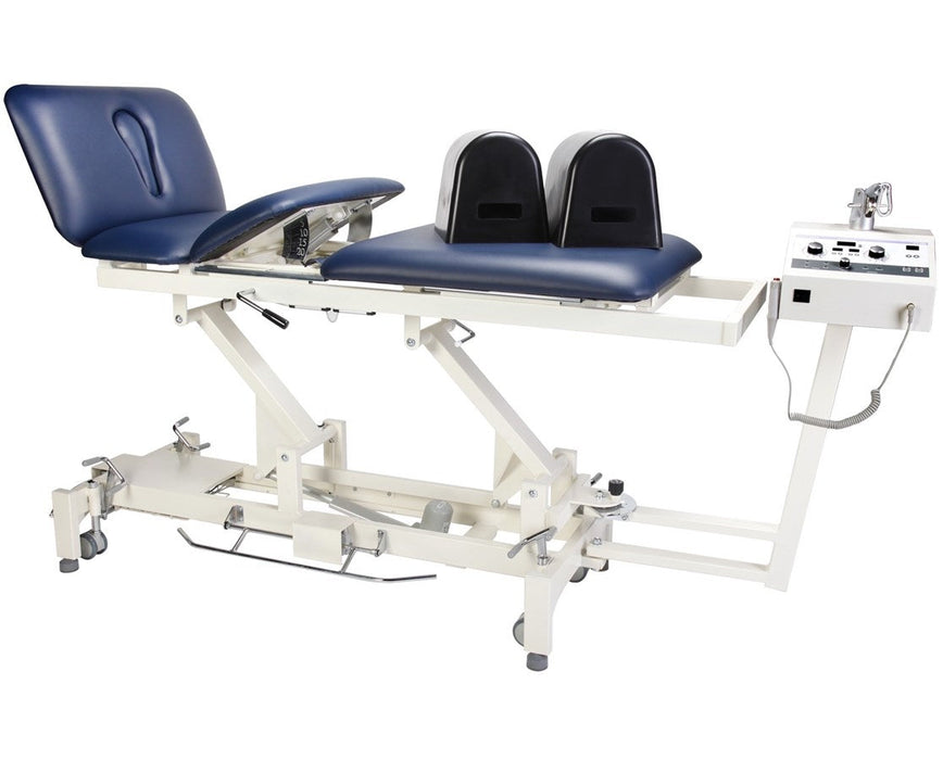 Tracion-T Power Hi-Lo Rehab Therapy Table w/ 4 Section Top & Adjustable Back [Blue Upholstery]