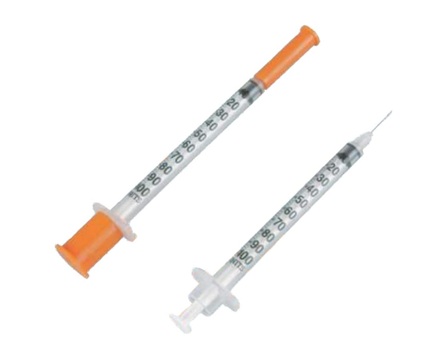 U-100 Insulin Syringe with Permanent Needle, 1cc, 28G x 1/2" - 100/Box