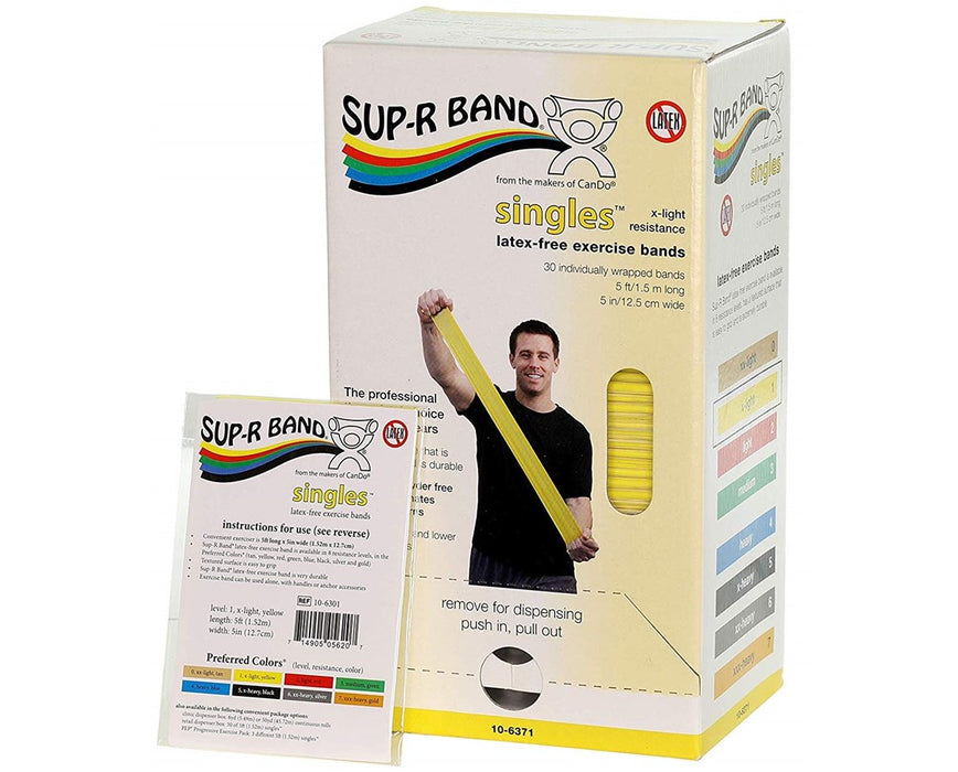 Sup-R Band Singles Latex-Free Exercise Bands, 30 pc Dispenser - 5 pc Set (1 of each Color)