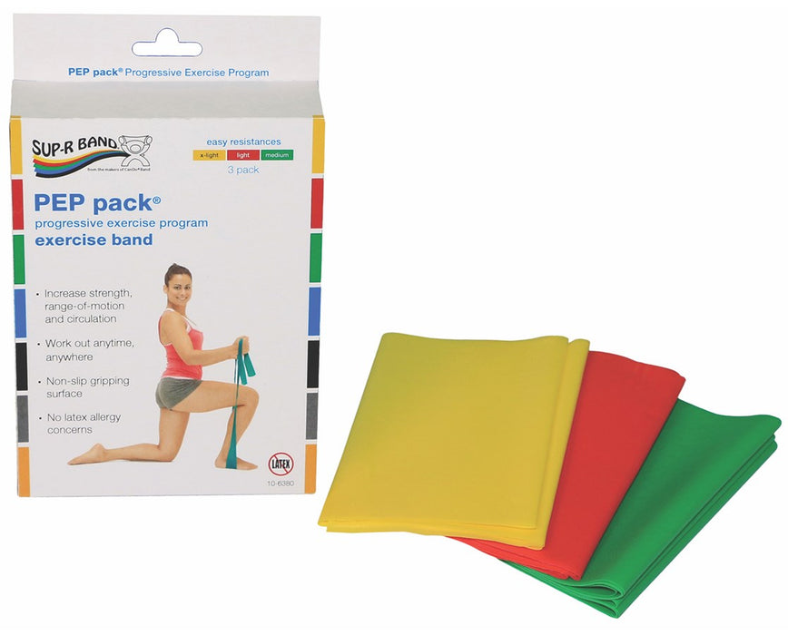 Sup-R Band Latex-Free Exercise Band, PEP Pack - X-light, Light, Medium