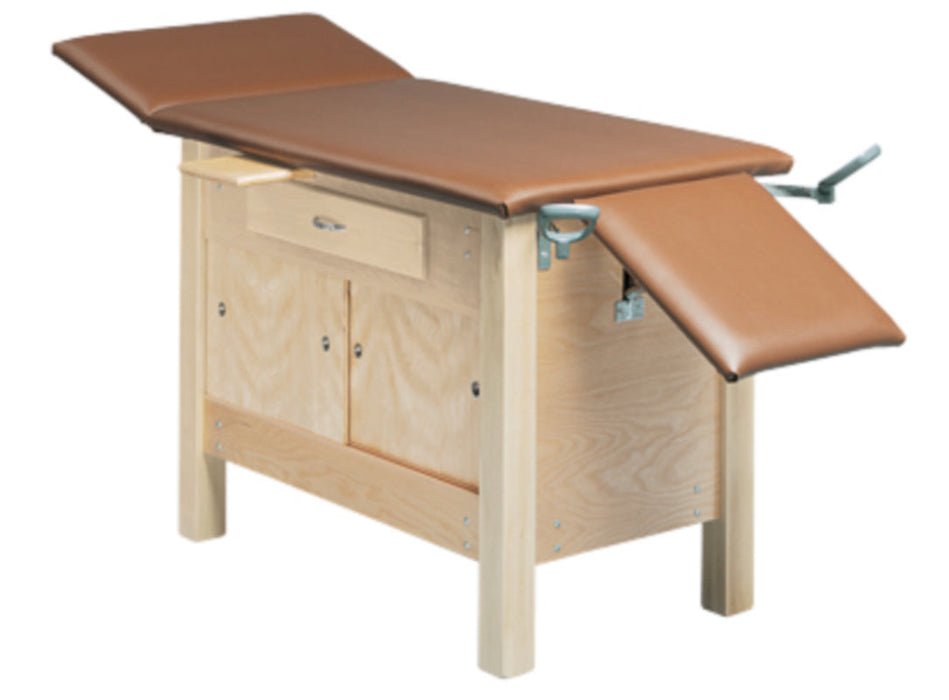 Cabinet Exam Table w/ Adjustable Back & Drawer. Drop Section & Stirrups