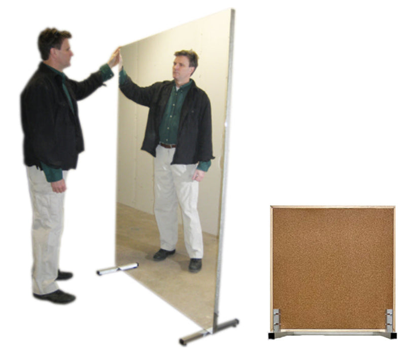 Ultra-Safe Glassless Mirror w/ Floor Stand & Corkboard Back Panel - 48" W x 96" H