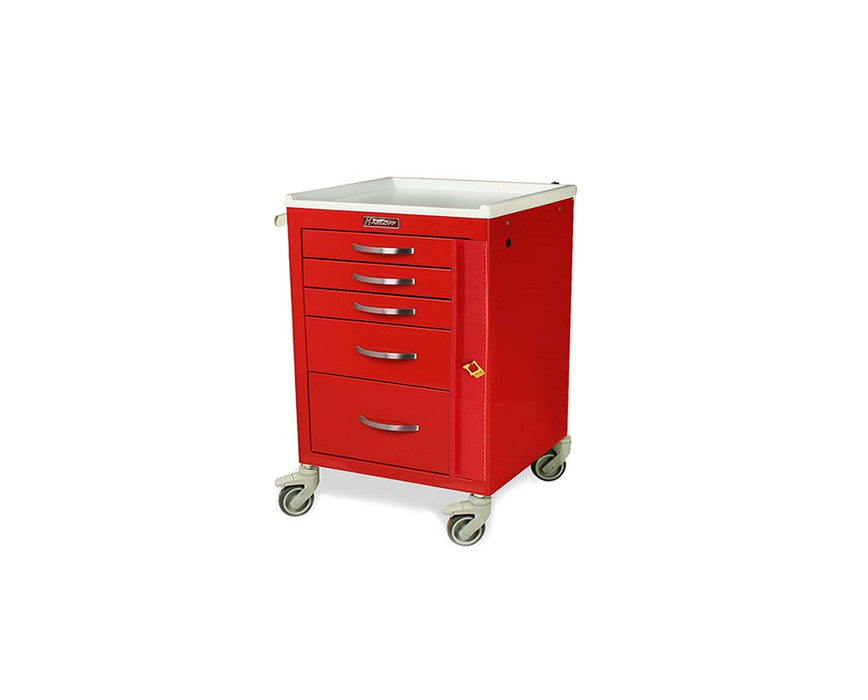 M-Series Mini (Narrow) Short Steel Emergency Crash Cart: 5 Drawers (Three 3", One 6", One 9"), Breakaway Lock, 3" Casters