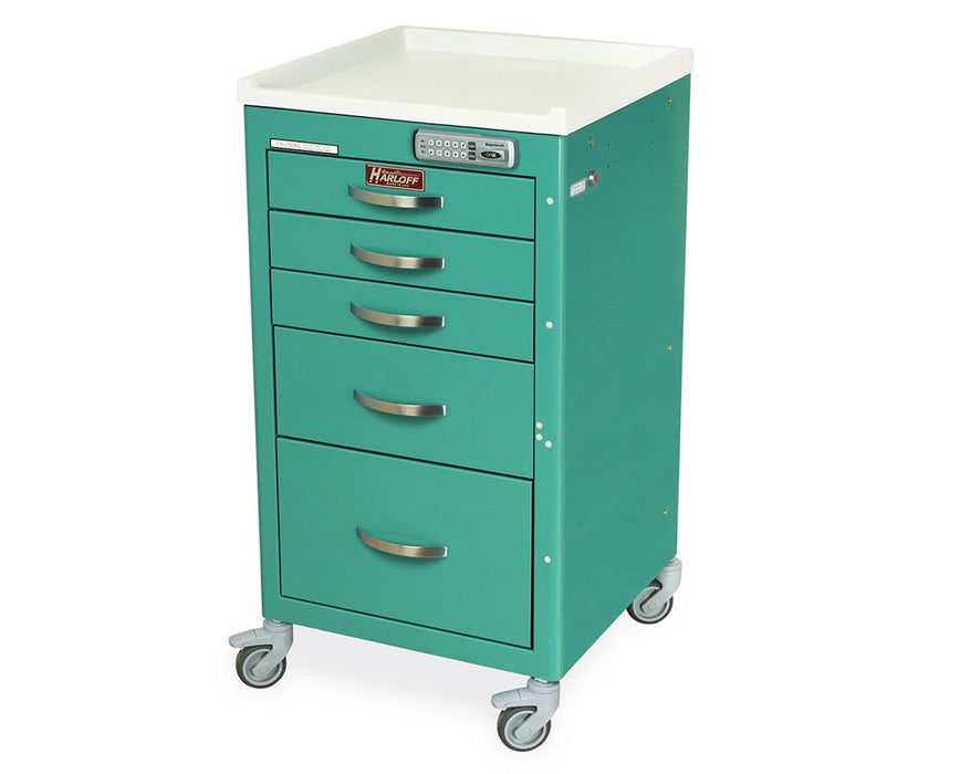 M-Series Mini (Narrow) Short Steel Clinical Cart: 4 Drawers (2-3", 1-6", 1-12"), Electronic Pushbutton Lock, 5" Casters, Pontoon Bumpers