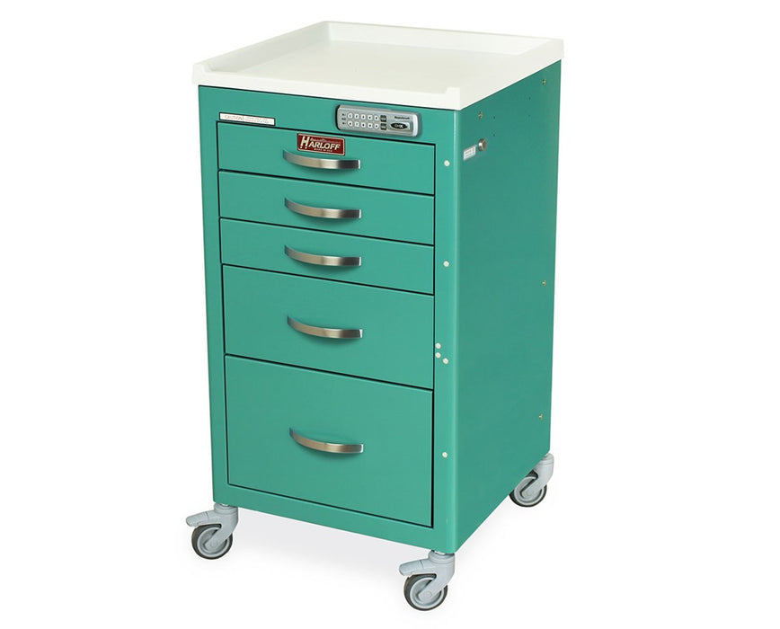 M-Series Mini (Narrow) Short Steel Clinical Cart: 4 Drawers (1-3", 2-6", 1-9"), Electronic Pushbutton Lock, 3" Casters