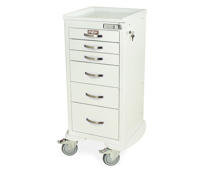 M-Series Mini Tall Steel Clinical Cart: 4 Drawers (1-3", 1-6", 1-9", 1-12"), Electronic Pushbutton Lock, 5" Casters, Pontoon Bumpers