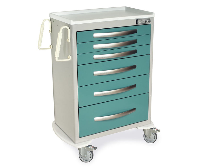 A-Series Tall Aluminum Anesthesia Cart - Electric Pushbutton Lock: 6 Drawers (Three 3", Two 6", One 9")