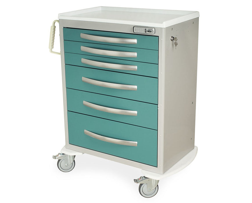 A-Series Tall / Wide Aluminum Anesthesia Cart - Electric Pushbutton Lock: 6 Drawers (Four 3", One 6", One 12")
