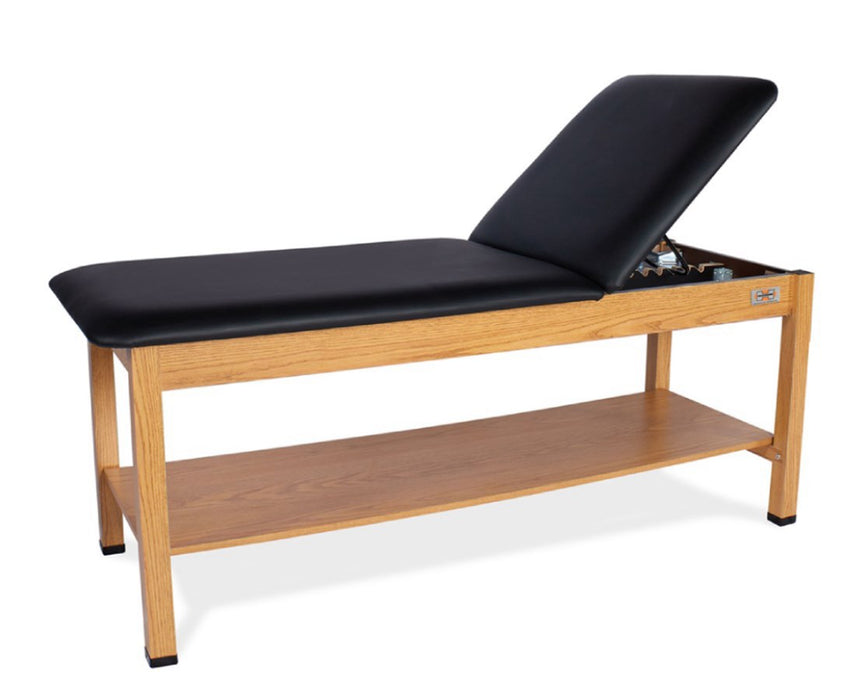 H-Brace Treatment Table with Shelf 78"L x 30"W: U-bend backrest: Oak Laminate, Black Pro-Form Upholstery