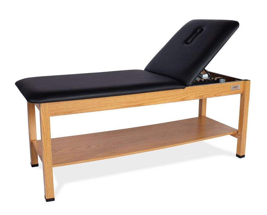 H-Brace Treatment Table with Shelf 78"L x 30"W: U-bend backrest & Nose Hole: Oak Laminate, Black Pro-Form Upholstery