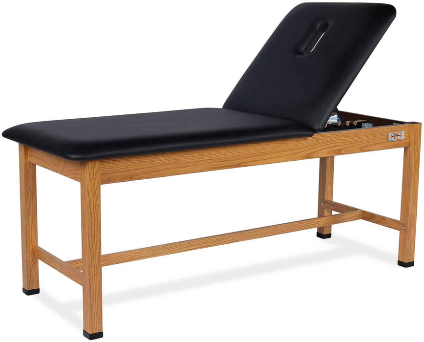 H-Brace Treatment Table with Shelf 78"L x 30"W: U-bend backrest & Nose Hole: Oak Laminate, Black Pro-Form Upholstery