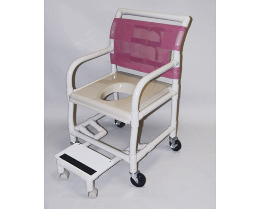 PVC Wide Drop Arm Shower Chair with Vaccum Seat, Wheeled Sliding Footrest and Pail - 24" wide